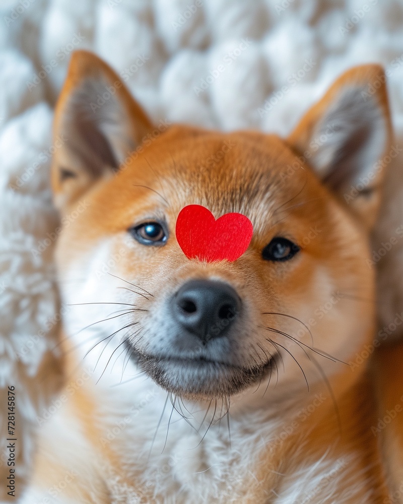 Smiling happy shiba inu dog puppy with a paper red heart hold on nose smiling to the camera, close up, vertical portrait.
