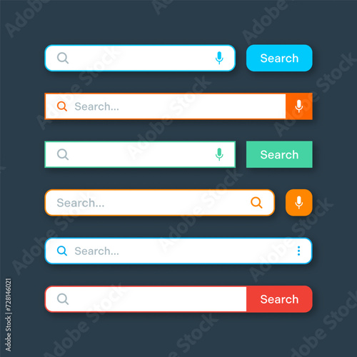 Colorful search bar templates. Internet browser engine with search box, address bar and text field. UI design, website interface element with web icons and push button. Vector illustration