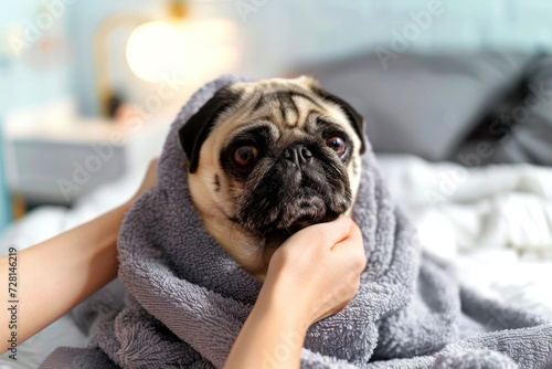 Owner or groomer wipes pug dog after taking a shower, cute wet pug dog sitting after showering in the grey towel on bed. Pets grooming and washing concept © Kate Mayer