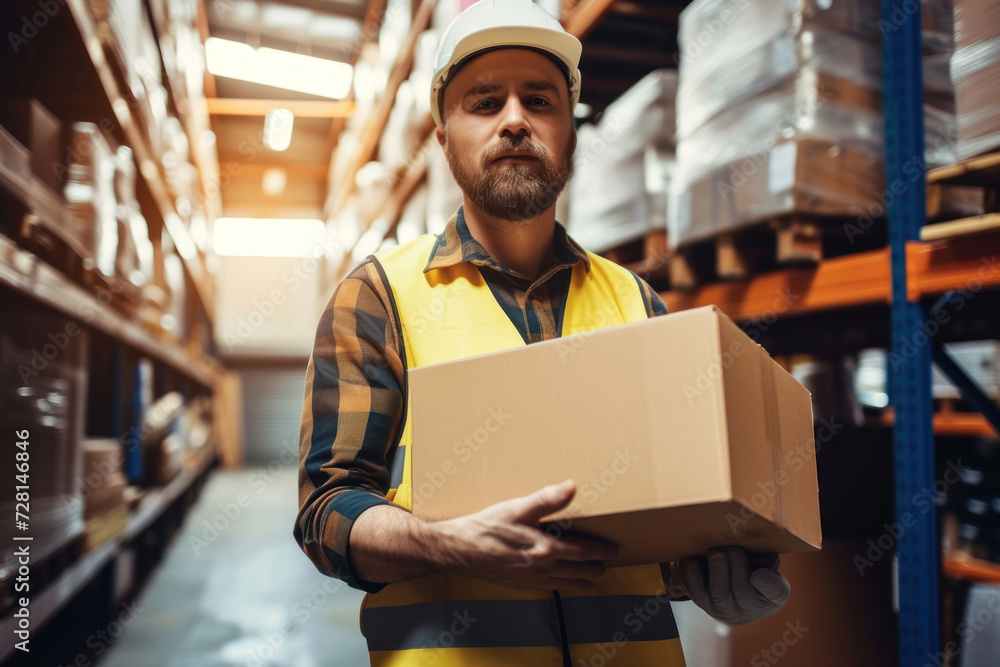 Male worker holds a cardboard box while walking through a retail warehouse full of shelves with goods. Work in a logistics and distribution center. Male worker holds a cardboard box while walking through a retail warehouse full of shelves with goods. Work in a logistics and distribution center.