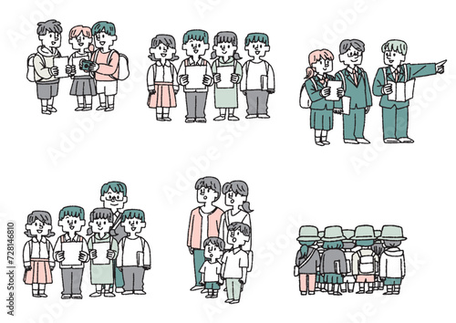 社会見学や工場見学に向かう子供達や学生、家族のイラストセット