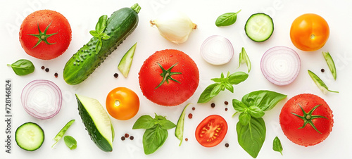 Fresh vegetables for salad on the white background. Food pattern with raw fresh ingredients. Top view, close-up banner