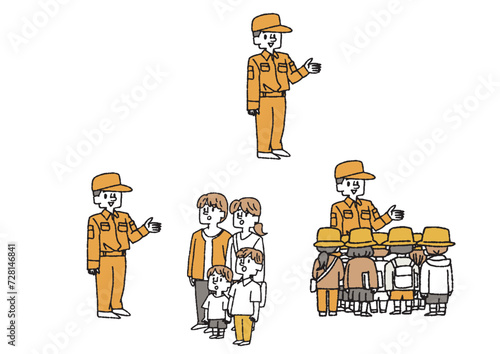 説明をする消防隊員の男性と説明を聞く家族や子供達　社会見学についてのイラスト