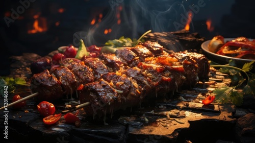 Delicious kebab full of meat and vegetables  black and blur background