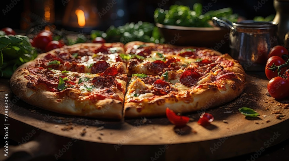 full pizza with vegetables and meat on wooden table with blur background