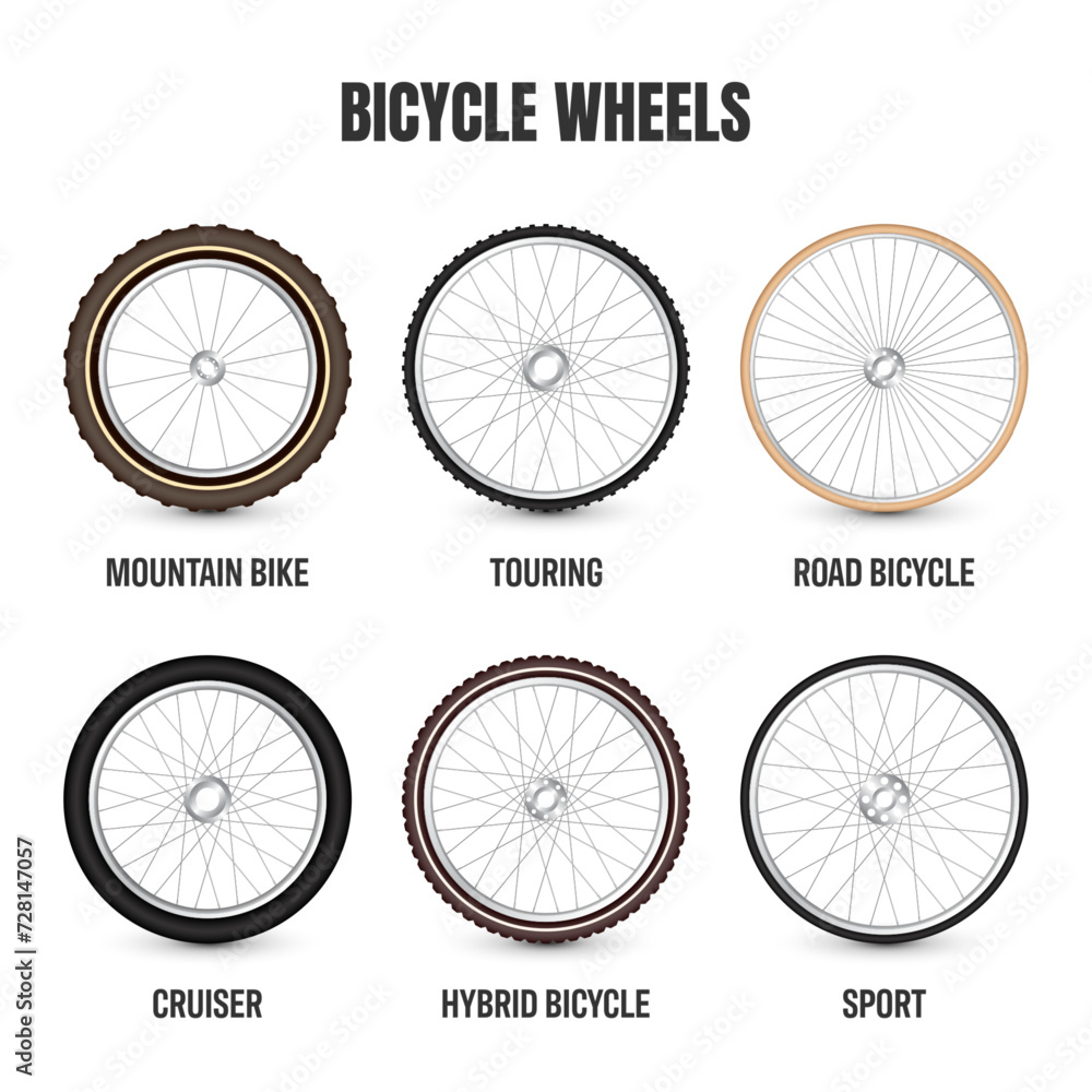 Realistic 3d bicycle wheels. Bike rubber tyres, shiny metal spokes and rims. Fitness cycle, touring, sport, road and mountain bike. Vector illustration Realistic 3d bicycle wheels. Bike rubber tyres, shiny metal spokes and rims. Fitness cycle, touring, sport, road and mountain bike. Vector illustration