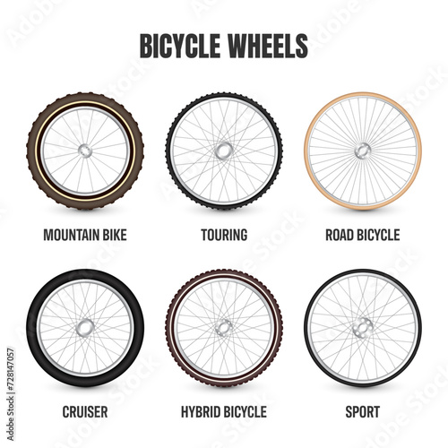 Realistic 3d bicycle wheels. Bike rubber tyres, shiny metal spokes and rims. Fitness cycle, touring, sport, road and mountain bike. Vector illustration