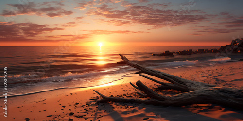 Beautiful tropical sunset on the oceanic beach in Outline of ancient tree branch extending against sky on Costa Rican shoreline.