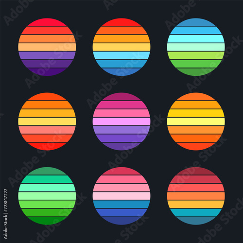 Vintage sunset collection. Colorful striped sunrise badges in 80s and 90s style. Sun and ocean view, summer vibes, surfing. Design element for print, logo or t-shirt. Vector illustration