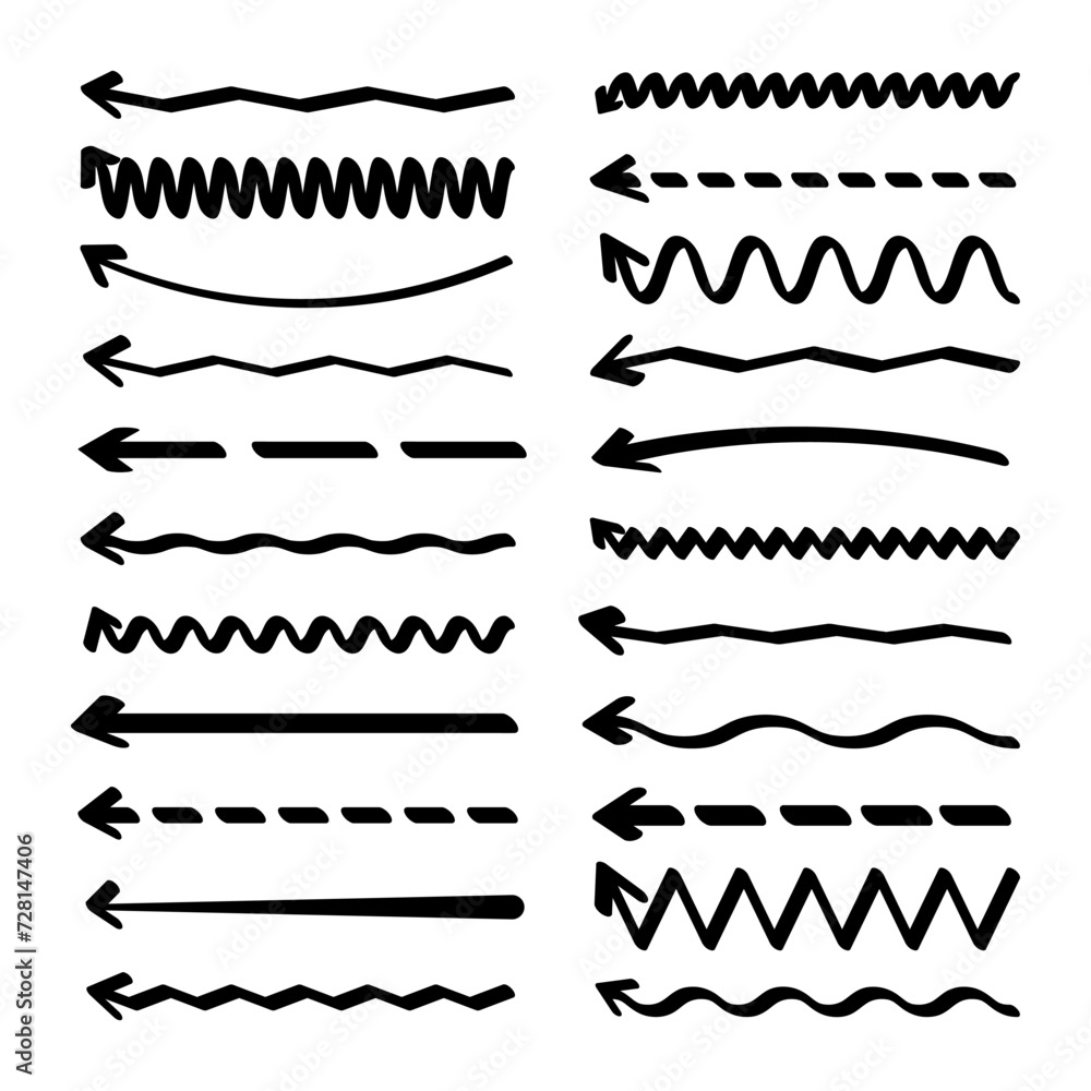 Hand drawn arrows, highlighter lines. Marker stroke, brush pen drawn underline. Handwritten text pointers, notes, marks. Vector illustration