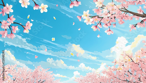 桜と青空の背景フレームイラスト photo