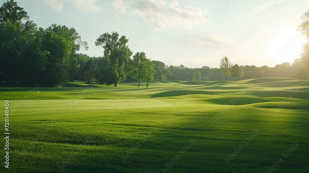 Sunset view of a lush, green golf course with undulating fairways Sunset view of a lush, green golf course with undulating fairways
