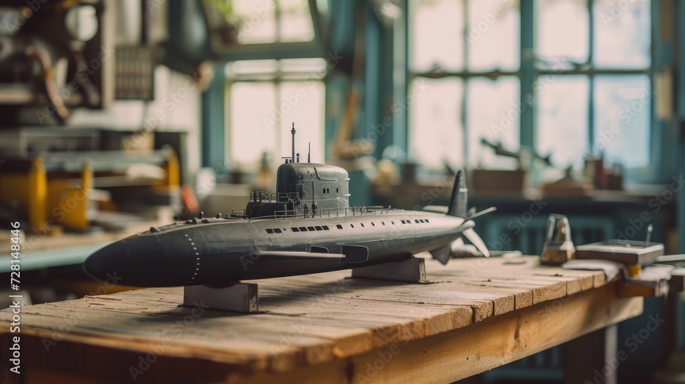 Detailed submarine scale model displayed on a woodworking bench
