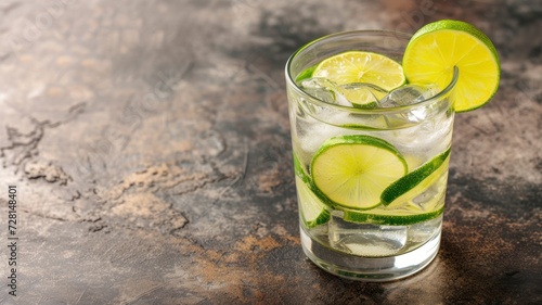 Refreshing glass of sparkling water with lime slices and ice, on a rustic metal background