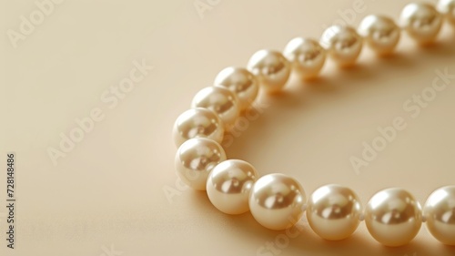 Close-up of a cream pearl necklace on a beige surface