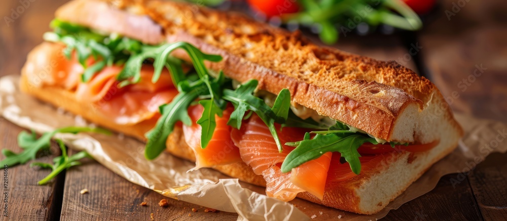 Close-Up of Delicious Salm Sandwich on Wooden Table - Salm, Sandwich, Wooden, Table, Close-Up, Salm, Sandwich, Wooden, Table, Close-Up, Salm, Sandwich