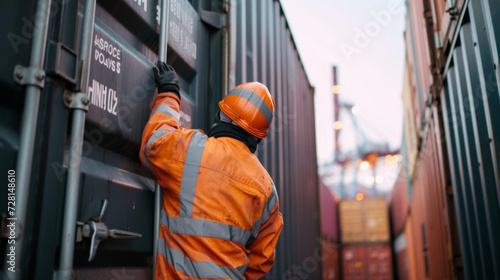 A crew member securing a container with the proper lashing and locking procedures following international standards to prevent shifting during transit.