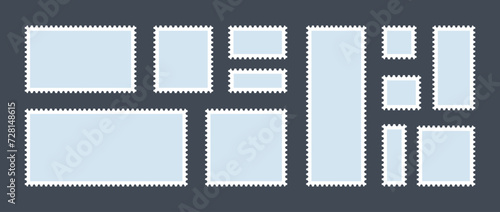 Postage stamp set. Post stamp frame or border. Grey blue square and rectangular template for mail, postcard, letter. Jagged wavy edge forms. Vintage objects for poster, banner, badge, sticker. Vector