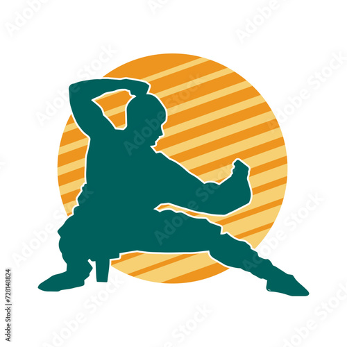 Silhouette of a man in oriental martial art pose. Silhouette of a male in martial art move.