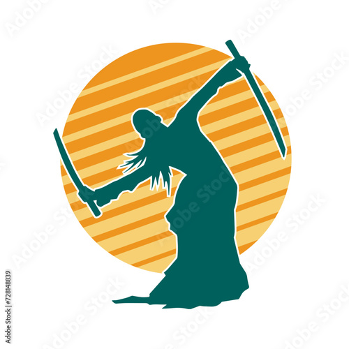 Silhouette of a female fighter in action pose carrying sword weapon.
