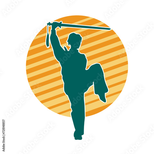 Silhouette of a female fighter in action pose carrying sword weapon.
