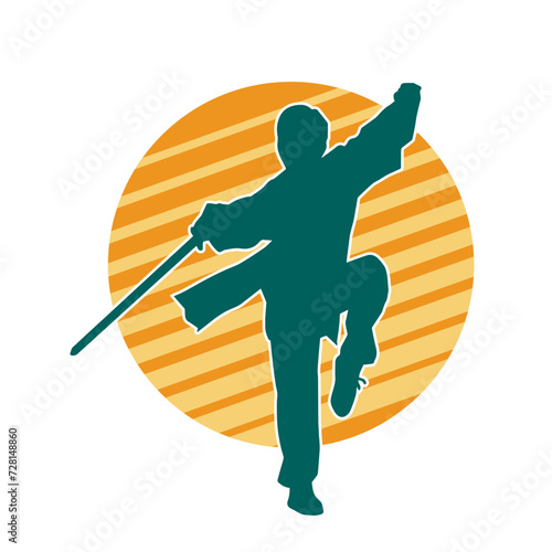 Silhouette of a female fighter in action pose carrying sword weapon.
