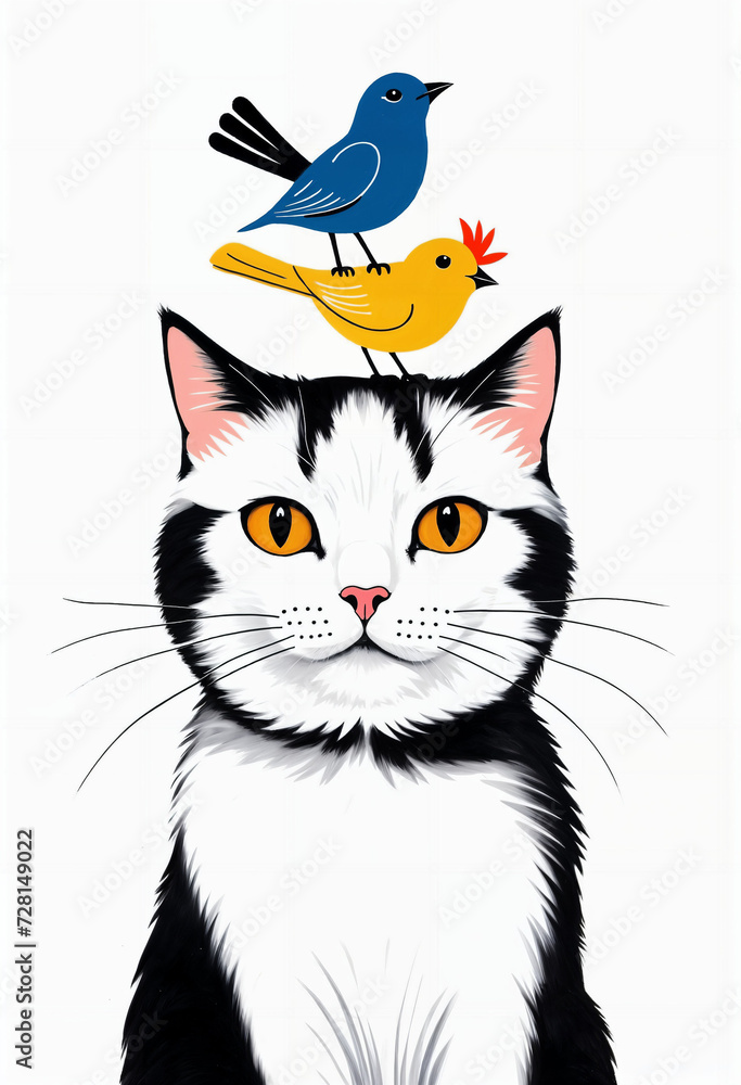 Cat with Birds on Head