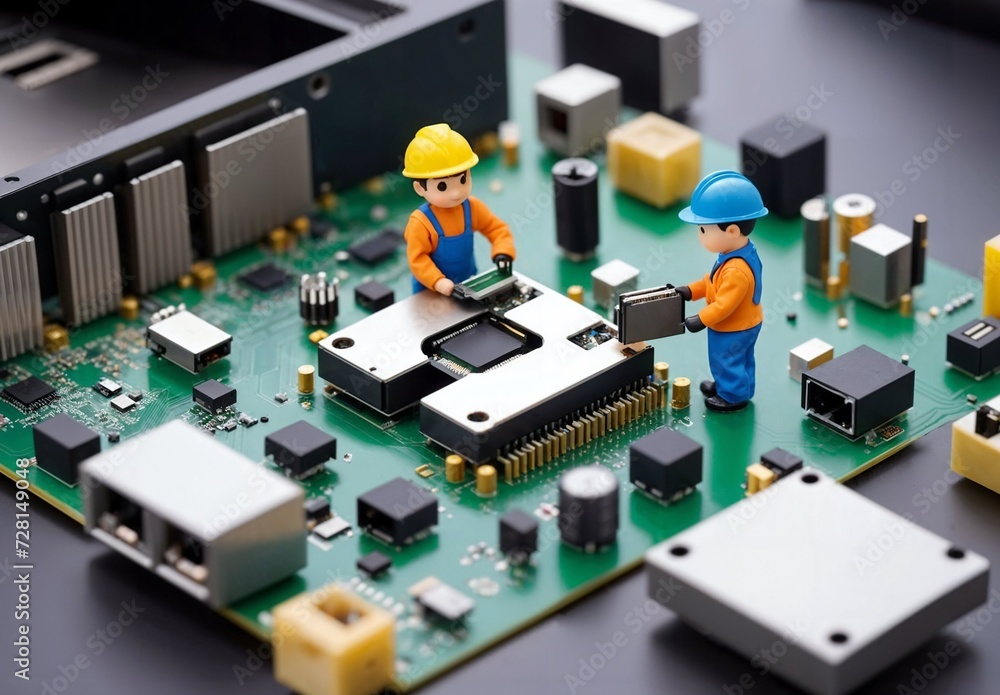 Toy engineers working on a circuit board Toy engineers working on a circuit board