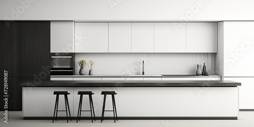 Modern minimalist kitchen interior in black and white tones.