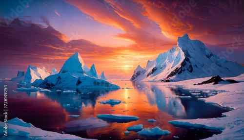 Sunset over Arctic icebergs