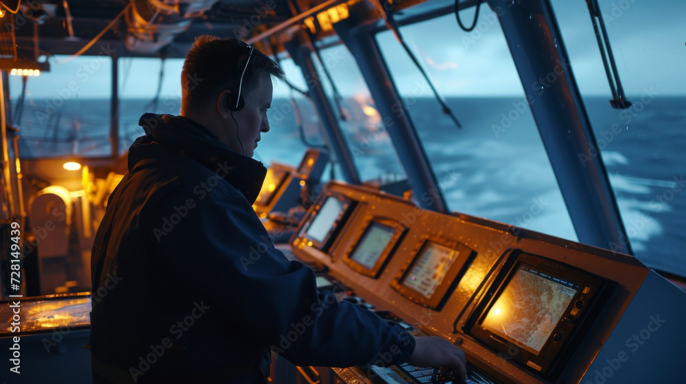 A crew member stands watch on the deck of a ship carefully monitoring radar and keeping a lookout for any suious activity as the vessel enters perilous waters.