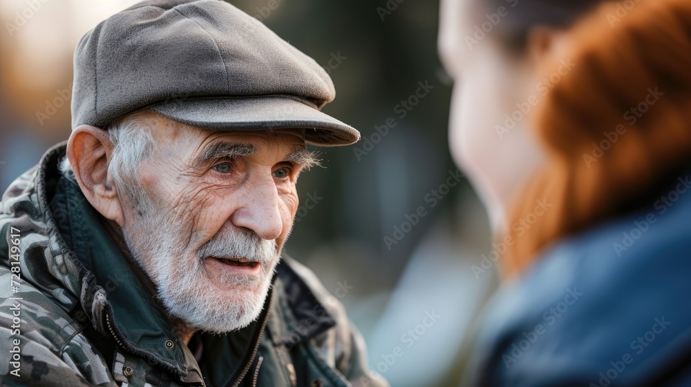 An aged man with a cap converses with a person outdoors in daylight