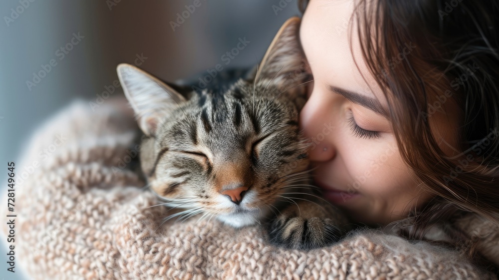 A serene moment of affection as a woman cuddles her sleeping cat
