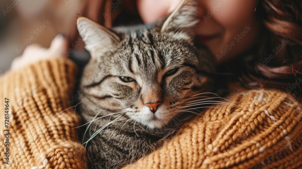 A relaxed tabby cat being held closely by a person in a warm, knitted sweater A relaxed tabby cat being held closely by a person in a warm, knitted sweater