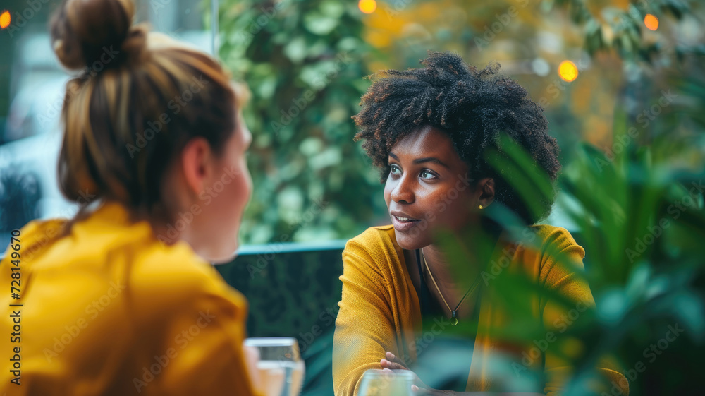 Friends engaging in conversation at a cafe table Friends engaging in conversation at a cafe table