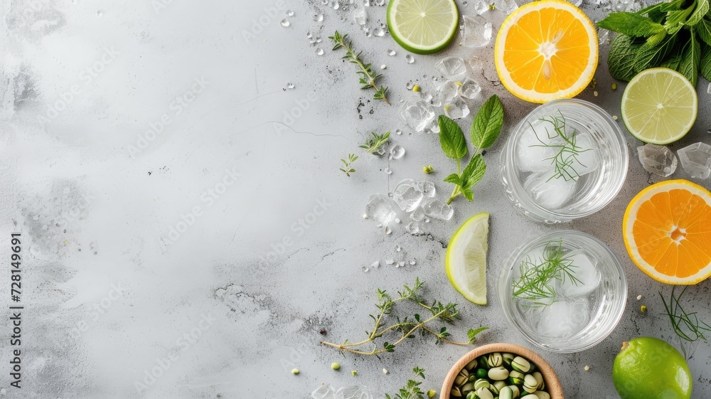Refreshing gin and tonic cocktails with citrus and herbs on a textured surface