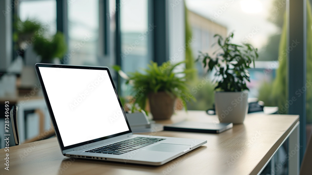 custom made wallpaper toronto digitalOpen laptop with a white blank screen on a wooden desk, surrounded by houseplants, in a bright sunlit room.