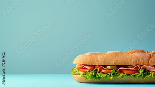 A delicious sub sandwich on a cool blue surface, lunchtime