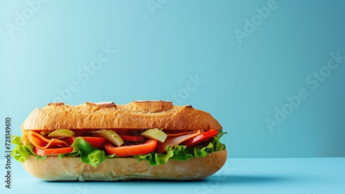 A fresh sandwich with vegetables and meat on a bright blue background