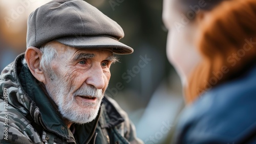 An aged man with a cap converses with a person outdoors in daylight © Татьяна Макарова