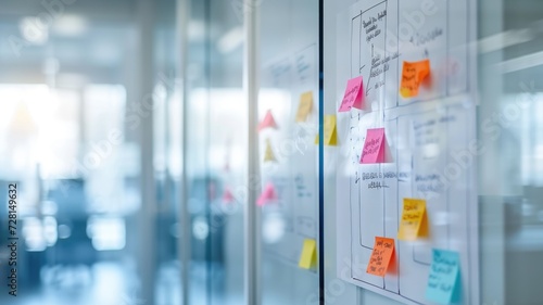Glass board covered with colorful sticky notes for brainstorming