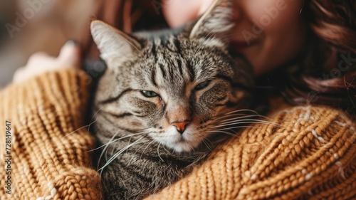 Wallpaper Mural A relaxed tabby cat being held closely by a person in a warm, knitted sweater Torontodigital.ca