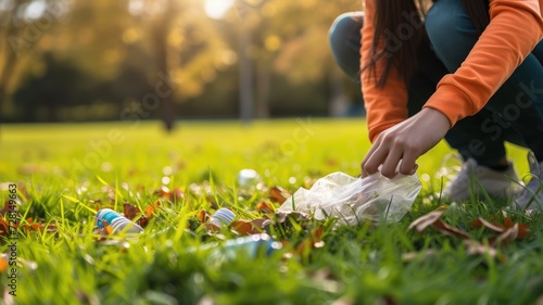  Individual picking up plastic waste in a grassy park, environmental cleanup concept