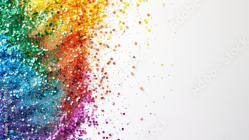 Vibrant glitter spreading out in an explosion of colors on a white backdrop
