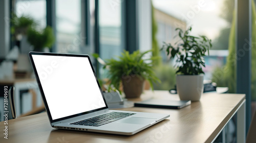 Wallpaper Mural Open laptop with a white blank screen on a wooden desk, surrounded by houseplants, in a bright sunlit room. Torontodigital.ca