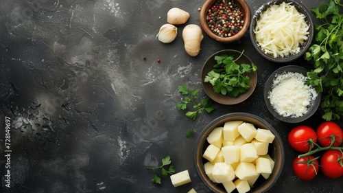 Assorted cooking ingredients on a dark slate surface