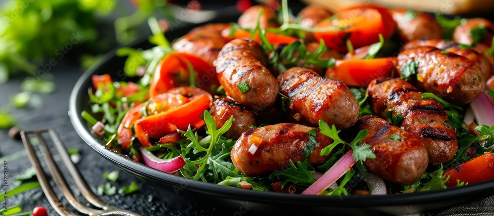 Delicious Grilled Sausage Salad Served on a Generous Large Plate