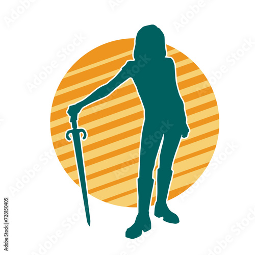 Silhouette of a female fighter in action pose carrying sword weapon.
