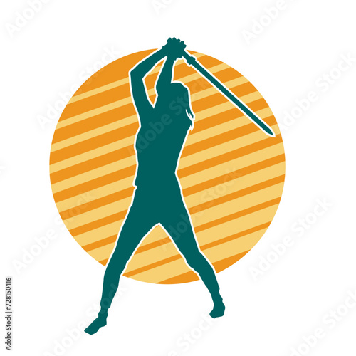 Silhouette of a female fighter in action pose carrying sword weapon.
