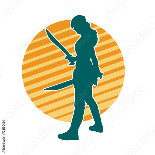Silhouette of a female fighter in action pose carrying sword weapon.
